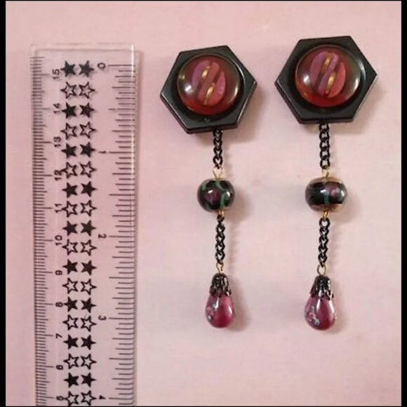Black Burgundy Long Dangle Earrings Made With Vintage OOAK One of a Kind - Picture 2 of 9